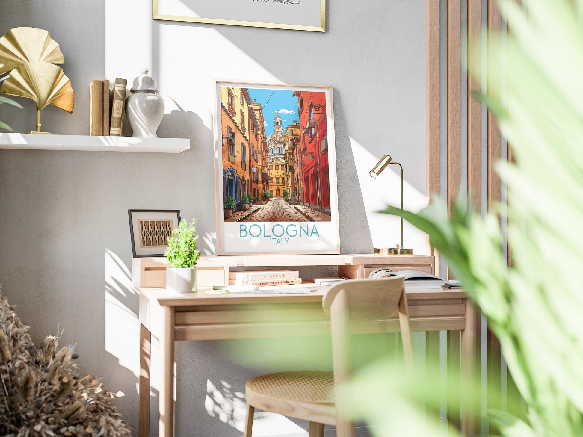 bologna travel poster on desk italy