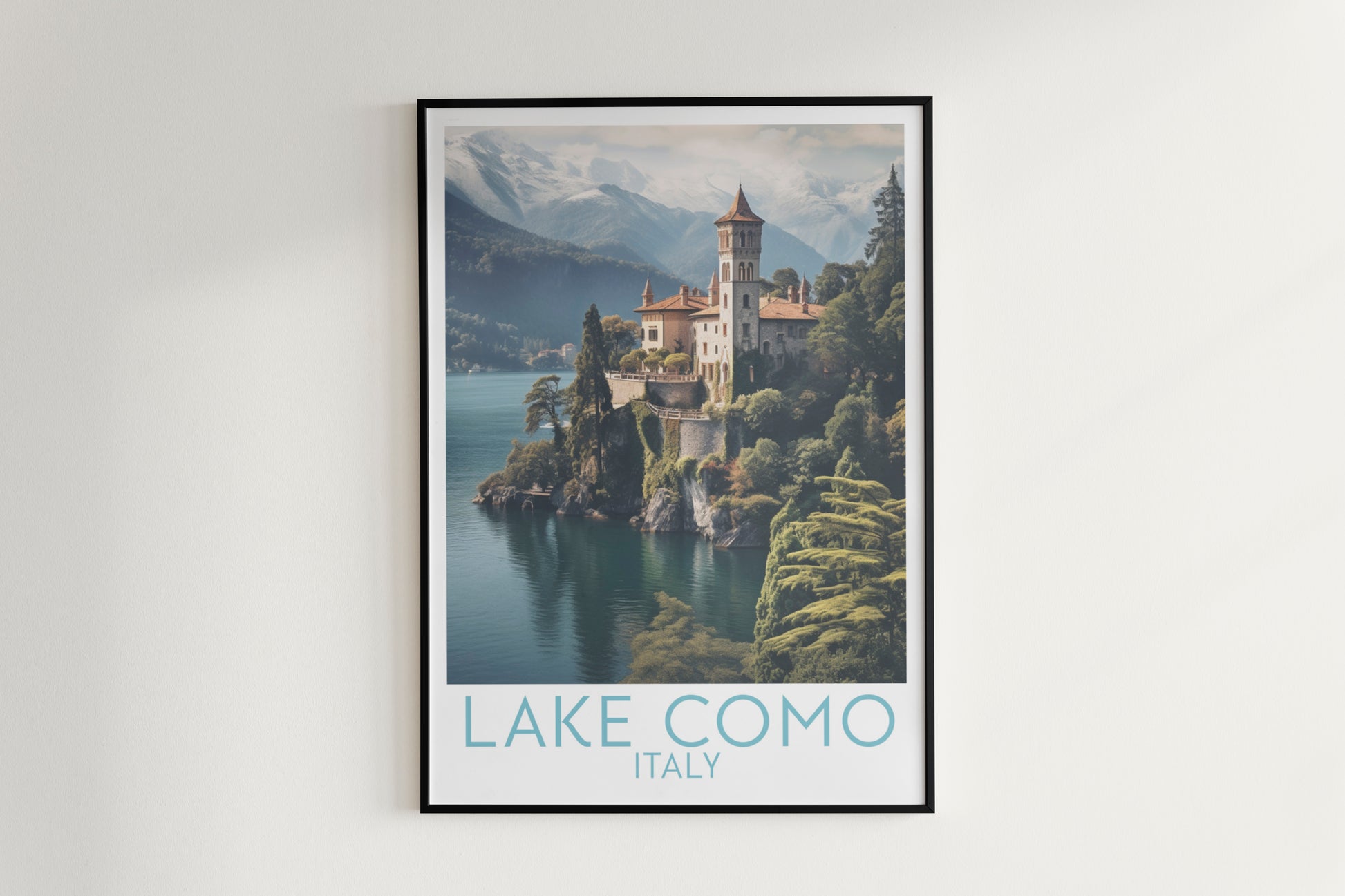 lake como travel poster hanged on the wall italy