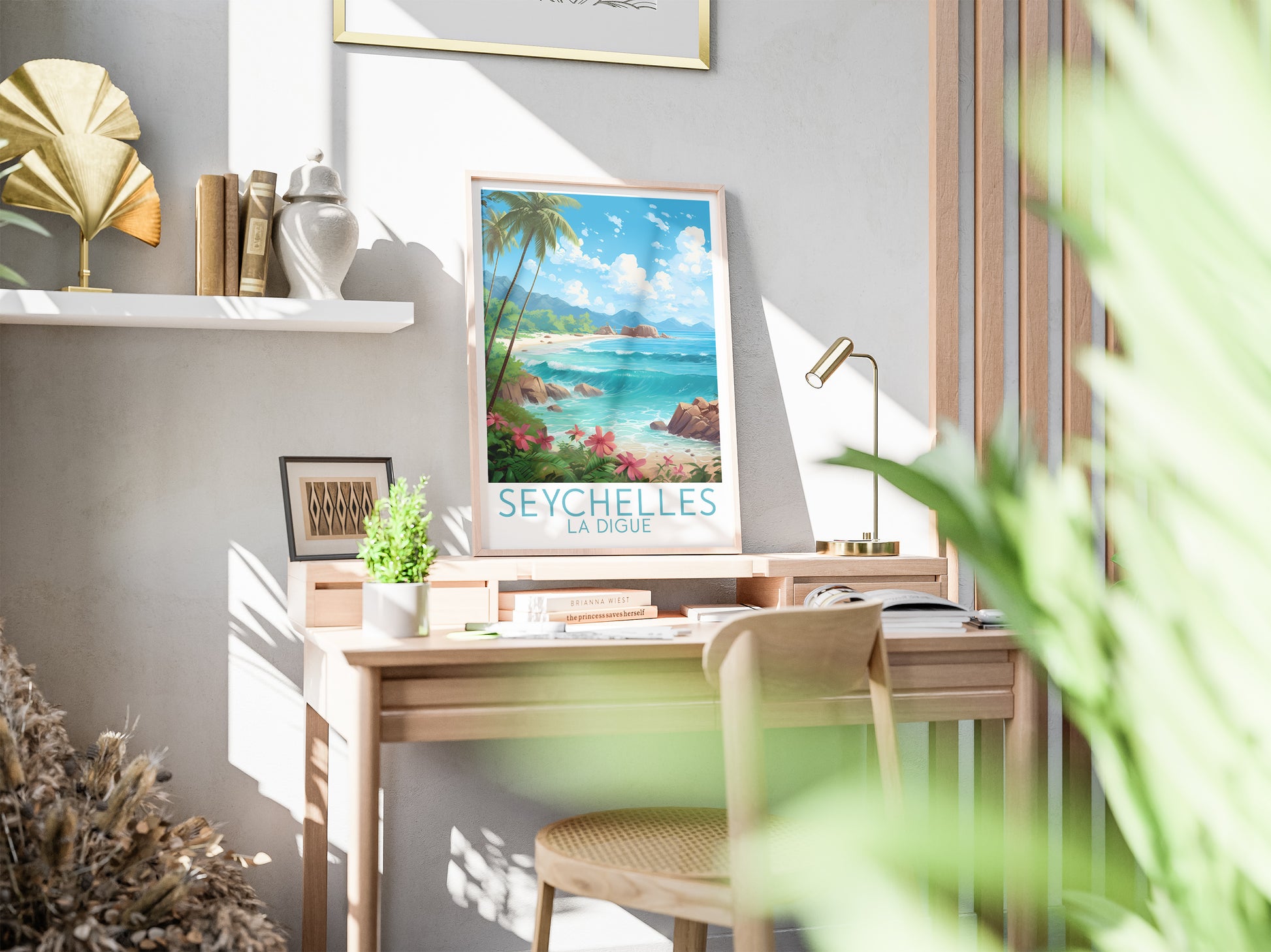 seychelles travel poster on desk la digue