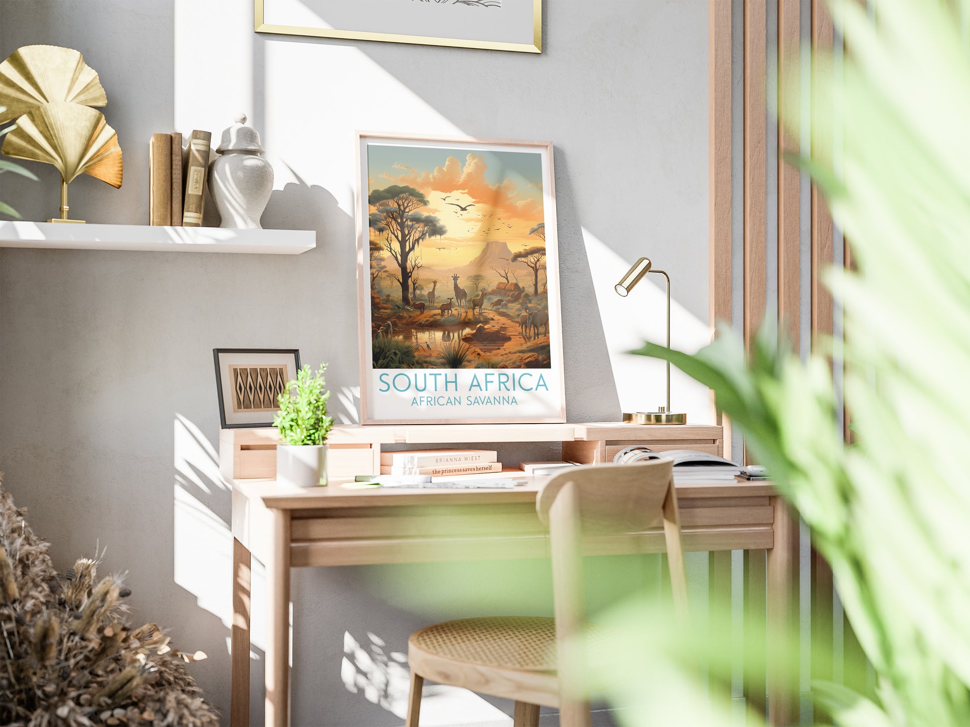 south africa travel poster on desk african savanna