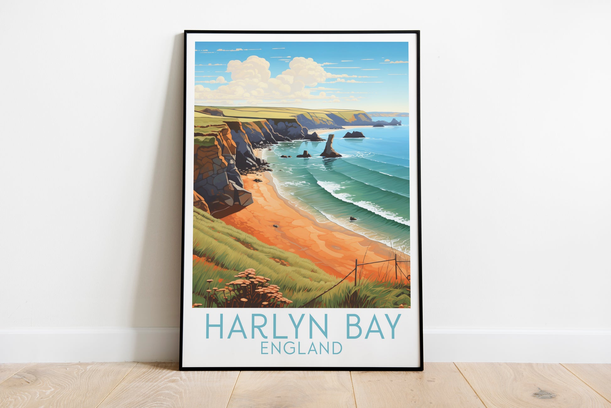 harlyn bay travel poster on the ground england