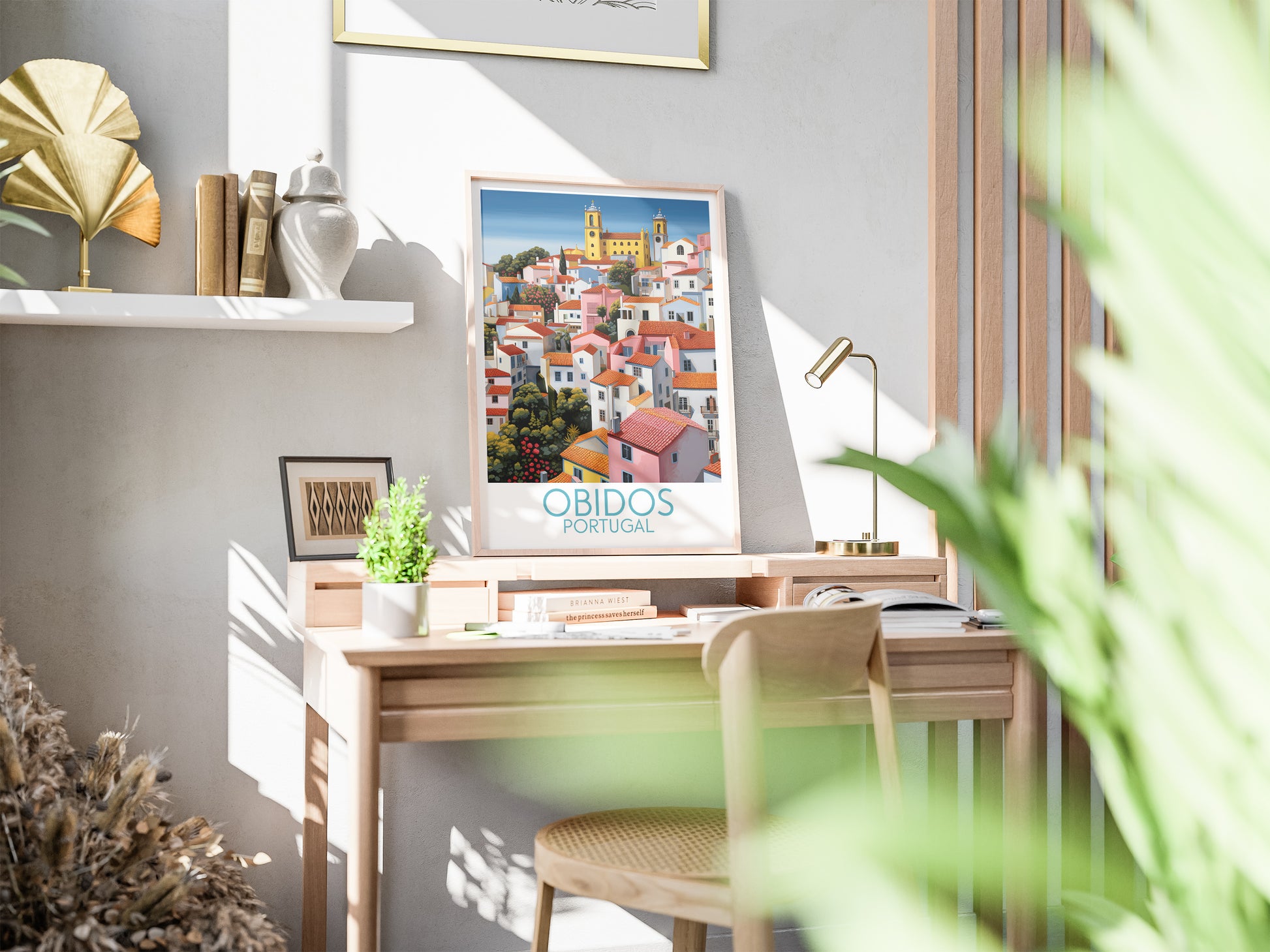 obidos travel poster on desk portugal