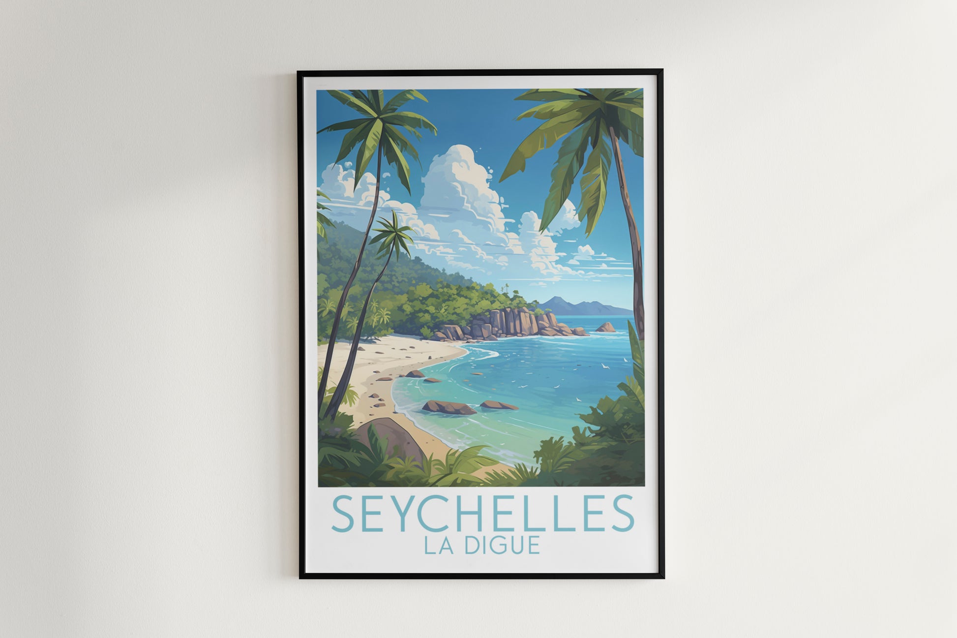 seychelles travel poster hanged on the wall la digue