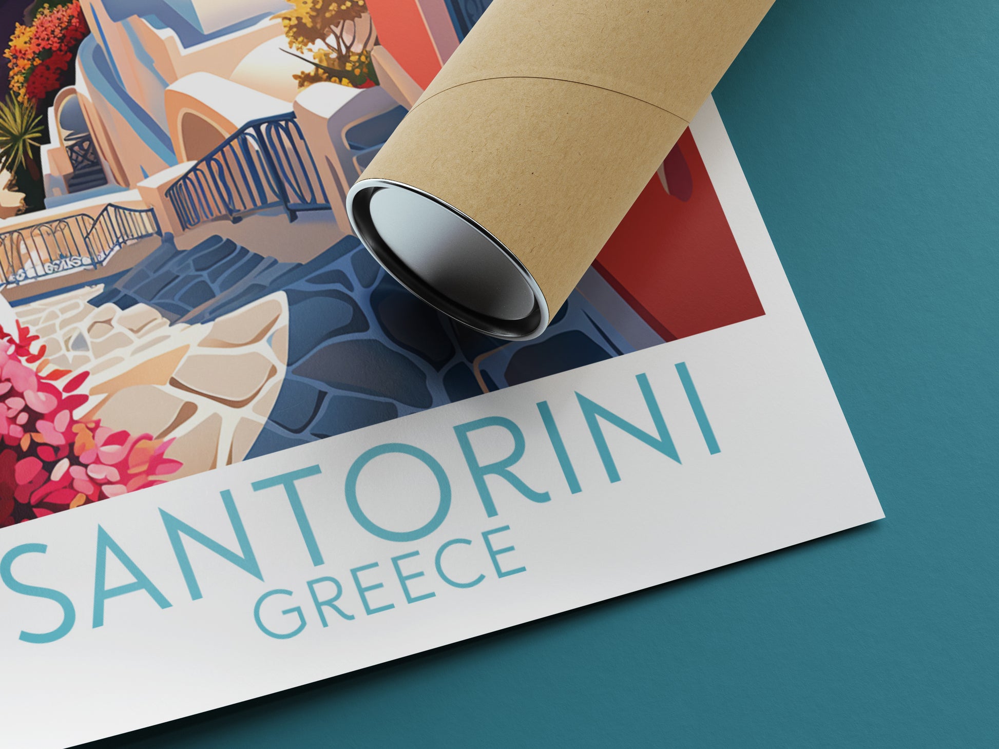 santorini travel poster rolled greece