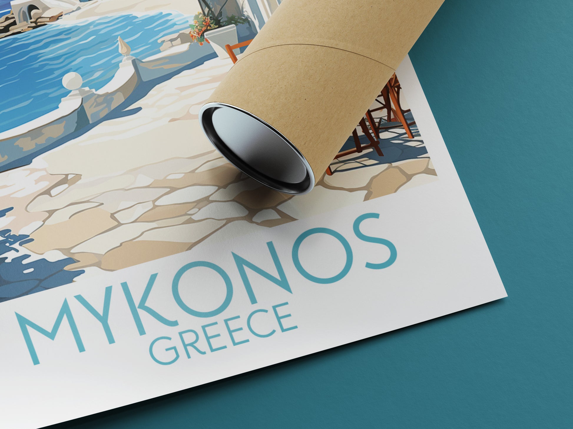 mykonos travel poster rolled greece